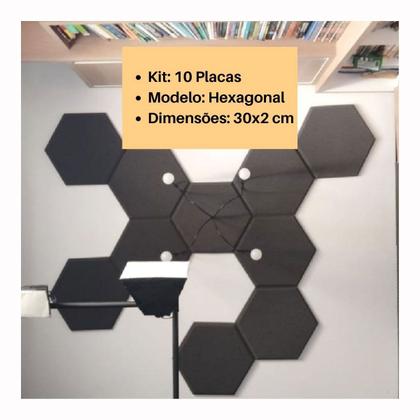 Imagem de Kit 10 Espuma Acústica Hexagonal Grafite p/ Absorver Som 30x2