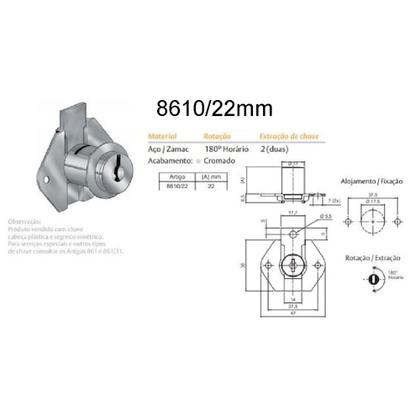 Imagem de Kit 10 Fechadura Artigo 8610-22MM CHPL Para Móveis - Papaiz