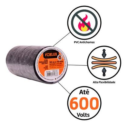 Imagem de Kit 10 Fita Isolante Foxlux PVC Antichamas  Alta Aderência e Isolamento até 600V