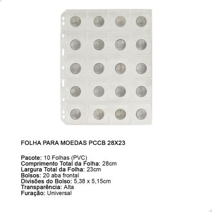 Imagem de Kit 10 Folhas para Moedas 28x23 PCCB 20 Bolsos Frontais