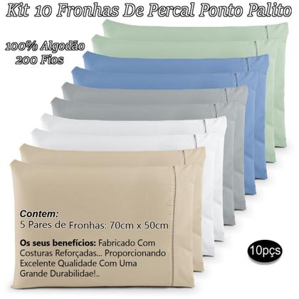 Imagem de Kit 10 Fronhas ( 5 Pares ) Percal 200 Fios Ponto Palito 100 Algodão
