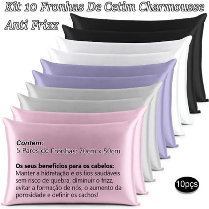 Imagem de Kit 10 Fronhas ( 5 Pares ) Seda Cetim Charmousse Alto Brilho Anti Frizz