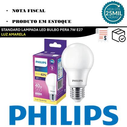 Imagem de Kit 10 Lampada Bulbo Philips 7w Luz Quente 3000K Amarela E27