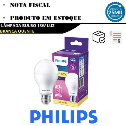 Imagem de Kit 10 Lampada Led Bulbo Philips 13w Branco Quente 3000K E27