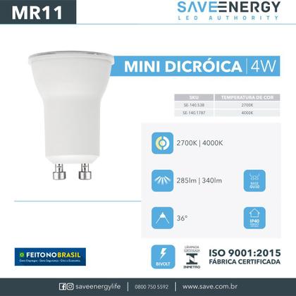 Imagem de Kit 10 Lâmpada Led Mini Dicroica MR11 4w Save Energy 4000k Branco Neutro