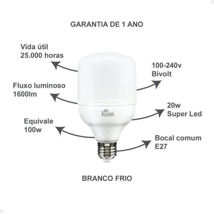 Imagem de Kit 10 Lâmpadas Led Alta Potência Luz Forte E27 20W 6500K