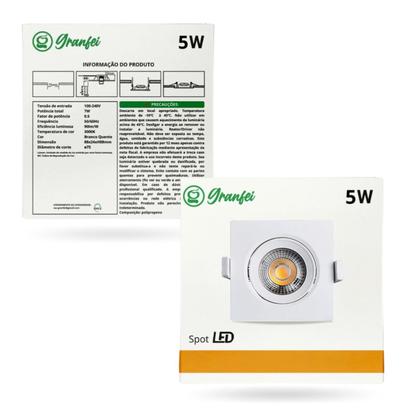 Imagem de Kit 10 Luminária Led Spot 5W Redondo Quadrado Embutido Branco Frio Quente Granfei