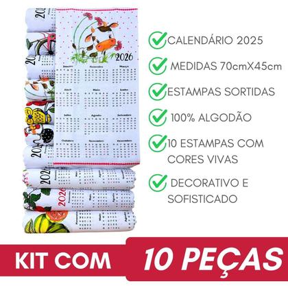 Imagem de Kit 10 Pano De Prato Calendário 2026 - 10 Estampas Sortidas