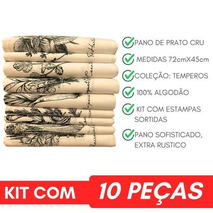 Imagem de Kit 10 Panos De Prato Crú Algodão Extra Rústico Coleção Temperos Louça Cozinha Decoração