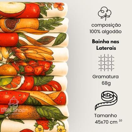 Imagem de Kit 10 Panos De Prato Crú Extra Rústico Coleção Frutas Decoração Algodão Sofisticado Pano Rústico