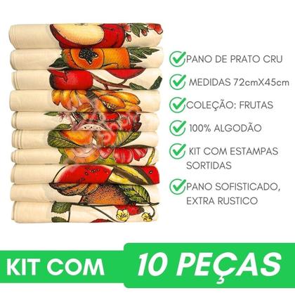 Imagem de Kit 10 Panos De Prato Crú Extra Rústico Coleção Frutas Decoração Algodão Sofisticado Pano Rústico