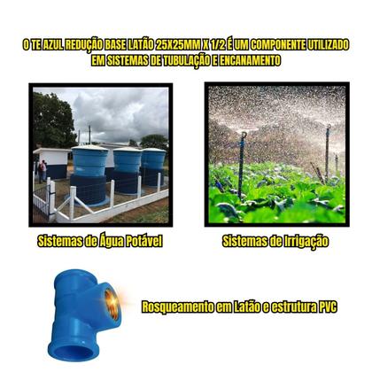 Imagem de Kit 10 Pçs Te Azul Redução Base Latão 25x25mm X 1/2