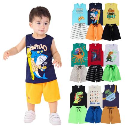 Imagem de Kit 10 Peças de Conjunto Regata para bebê menino Kit 5 de Conjunto bebê Regata Infantil para Menino verão