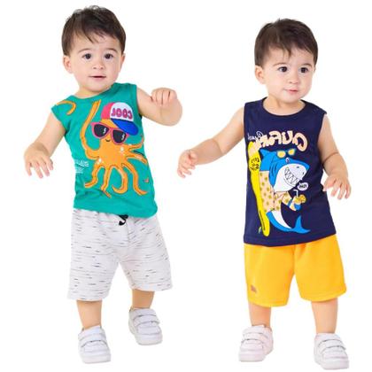 Imagem de Kit 10 Peças de Conjunto Regata para bebê menino Kit 5 de Conjunto bebê Regata Infantil para Menino verão