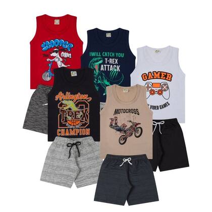 Imagem de Kit 10 Peças de Roupas Infantil e Juvenil Menino - 5 Regatas + 5 Bermudas