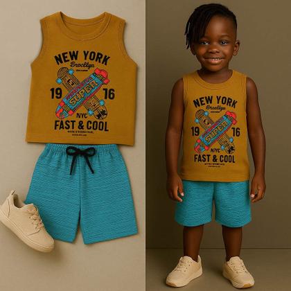 Imagem de Kit 10 Peças de Roupas Infantil e Juvenil Menino - 5 Regatas + 5 Bermudas