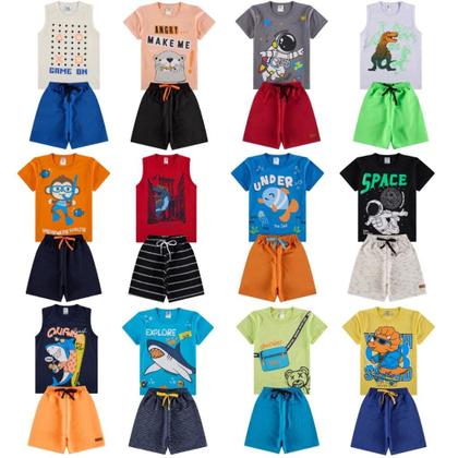 Imagem de Kit 10 Peças de Roupas infantil para Menino 5 Camisetas 5 Bermudas Kit com 5 Conjuntos Infantil Verão para Menino dias quentes