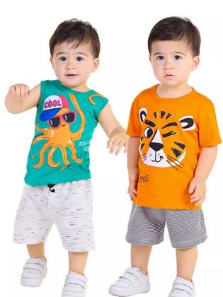Imagem de Kit 10 Peças de Roupas para bebê Menino 5 Camisetas 5 Bermudas Kit com 5 Conjuntos Infantil Verão para Menino Bebê dias quentes