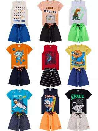 Imagem de Kit 10 Peças de Roupas para bebê Menino 5 Camisetas 5 Bermudas Kit com 5 Conjuntos Infantil Verão para Menino Bebê dias quentes