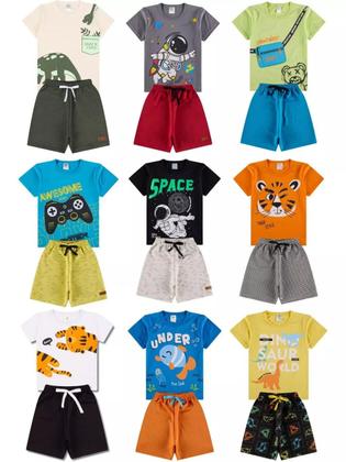 Imagem de Kit 10 Peças de Roupas para bebê Menino 5 Camisetas 5 Bermudas Kit com 5 Conjuntos Infantil Verão para Menino Bebê dias quentes