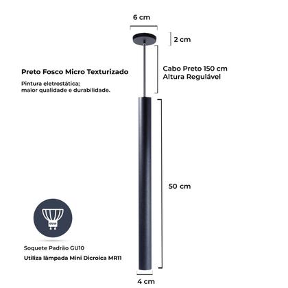 Imagem de Kit 10 Pendente Tubo Preto 50cm Canopla 6cm