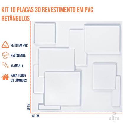 Imagem de Kit 10 Placas 3D Revestimento em PVC - Modelo Retângulos - Branco - 50x50cm