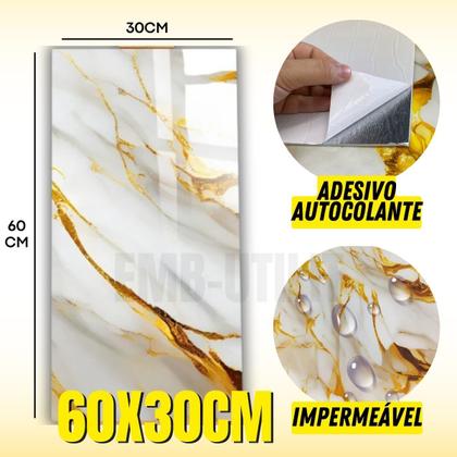 Imagem de Kit 10 Placas Adesivas Douradas 60x30cm Efeito Mármore 3D para Parede Autocolante Impermeável Realista