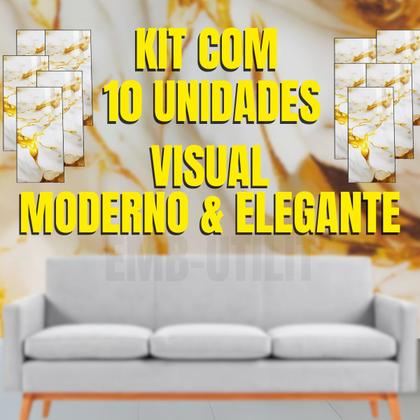 Imagem de Kit 10 Placas Adesivas Douradas 60x30cm Efeito Mármore 3D para Parede Autocolante Impermeável Realista