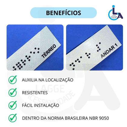 Imagem de Kit 10 Placas Braile Autoadesiva 10X3Cm Corrimão 5Andar