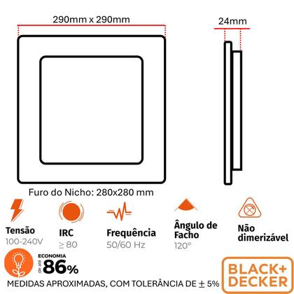 Imagem de Kit 10 Plafon Quadrado Embutir 24w Preto Branco Frio 6500k