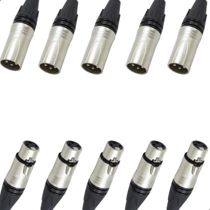 Imagem de Kit 10 Plug Conector Xlr Cannon Femea Macho Corpo Metalico