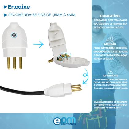 Imagem de Kit 10 Plugue Pino Macho 2p+t 10A Oco Com Inmetro Bivolt 110V/220V Branco