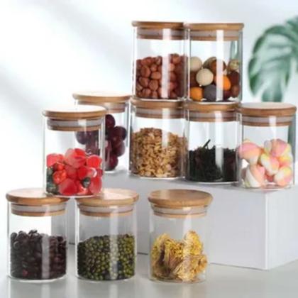 Imagem de Kit 10 Pote de Vidro Hermético com Tampa de Bambu 200ml Porta Temperos e Mantimentos Organizador Cozinha