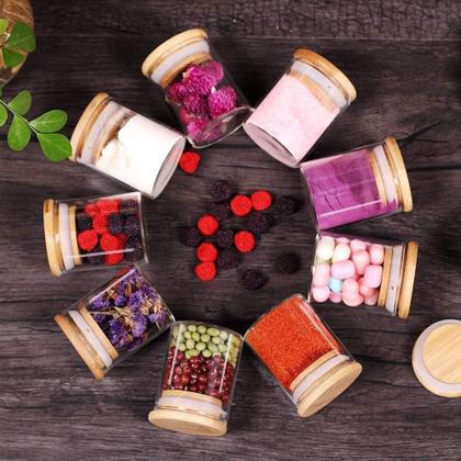 Imagem de Kit 10 Pote de Vidro Hermético com Tampa de Bambu 200ml Porta Temperos e Mantimentos Organizador Cozinha