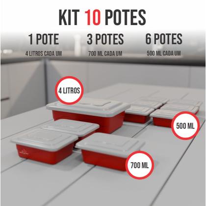 Imagem de Kit 10 Potes 4 Litro Retangular Marmita Fitnees Lavável,4 litros, 700ml e 500ml Vermelho
