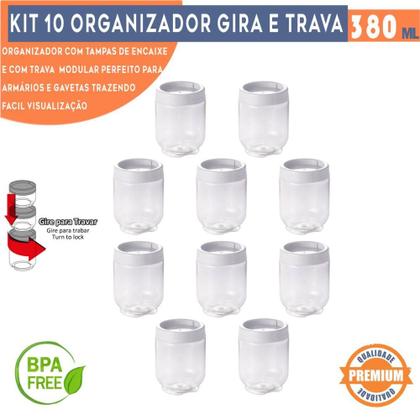 Imagem de Kit 10 Potes Gire e Trave Organizadores Empilháveis com Rosca 380ml Plasútil para Temperos objetos