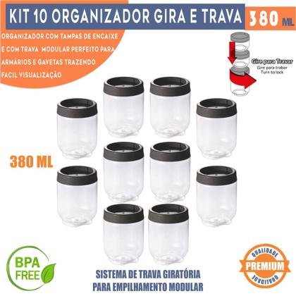Imagem de Kit 10 Potes Gire e Trave Organizadores Empilháveis com Rosca 380ml Plasútil para Temperos objetos