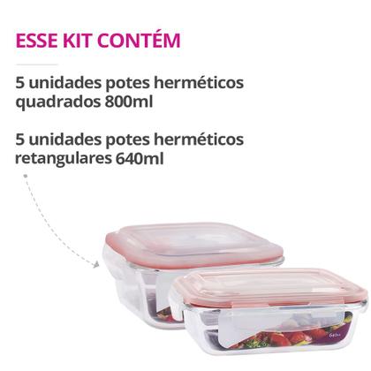 Imagem de Kit 10 Potes Herméticos Marmita Vidro Marmita 640ml e 800ml