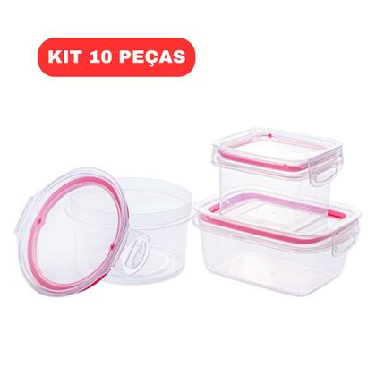 Imagem de Kit 10 Potes Herméticos Trava Mais com Tampa e Travas Laterais Empilháveis Alimentos Freezer Micro-ondas 550 e 380 ml