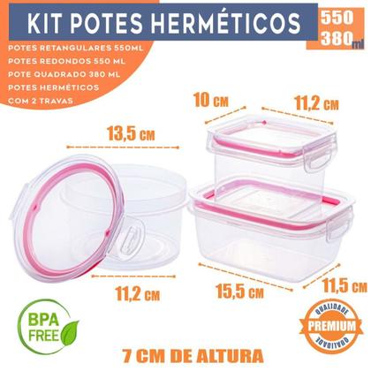 Imagem de Kit 10 Potes Herméticos Trava Mais com Tampa e Travas Laterais Empilháveis Alimentos Freezer Micro-ondas 550 e 380 ml