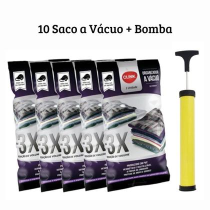 Imagem de Kit 10 Saco Organizador A Vácuo + Bomba Para Viagem Roupa Cobertor Protetor Com Zíper Clink 50x60cm