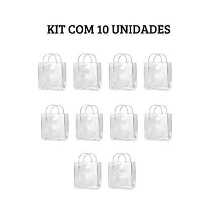 Imagem de Kit 10 Sacolas Plástica 20x20 Transparente Pvc C/ Botão Alça Embalagem Lembrancinha Casamento Presente Aniversário Cor:T