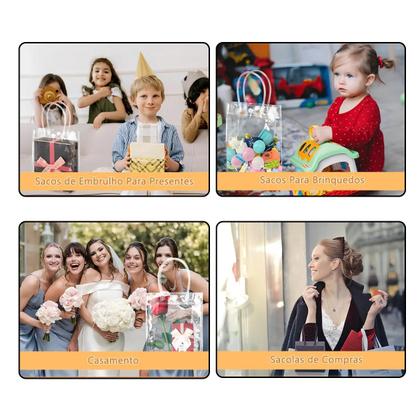Imagem de Kit 10 Sacolas Plástica 20x20 Transparente Pvc C/ Botão Alça Embalagem Lembrancinha Casamento Presente Aniversário Cor:T