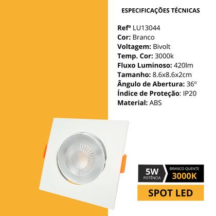 Imagem de Kit/10 Spot Led Olho De Boi Quadrado 5W 3000k Direcionável Led Bivolt