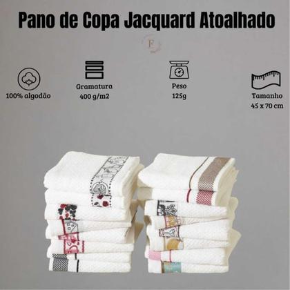 Imagem de Kit 10 Toalha Pano de Copa Prato Jacquard Atoalhado Felpudo 45x70 cm 100 Algodão