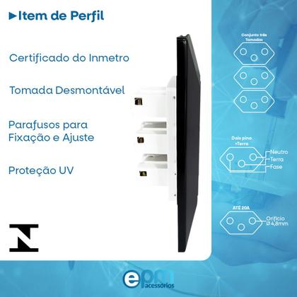 Imagem de Kit 10 Tomada Tripla 2p+t 10A Com Placa Espelho Black Linha Dubai 127v e 250v Bivolt