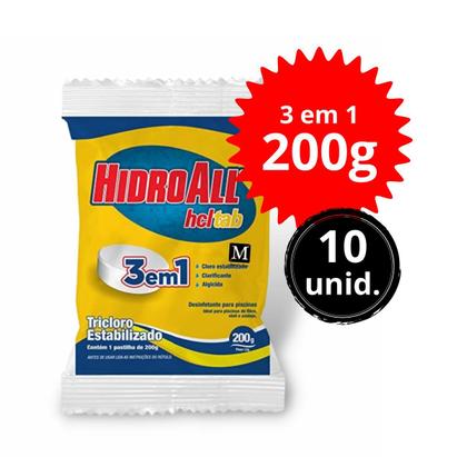 Imagem de kit 10 unid cloro Pastilha para piscina Hidroall 3 EM 1 Multiação 200g