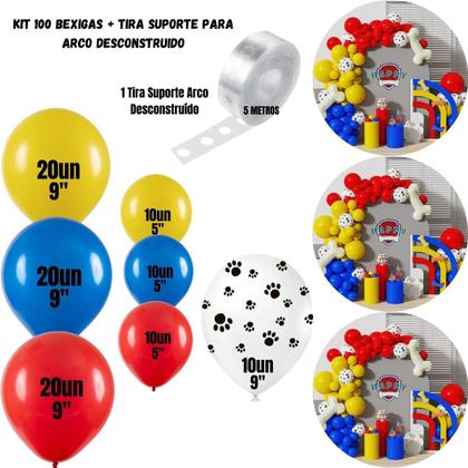 Imagem de Kit 100 Balões Festa Patrulha Canina Tira Arco Desconstruído 5 Metros, Balão de Aniversário, Balão Amarelo, Azul, Vermelho