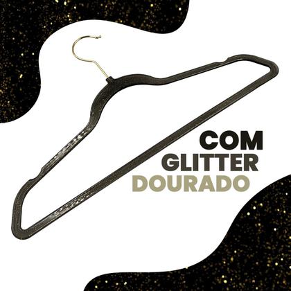 Imagem de Kit 100 Cabides Acrílico Preto com Glitter e Gancho Dourados