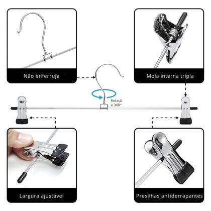 Imagem de Kit 100 Cabides Presilhas Metal Cromado Calças Saia Bermuda Vestido